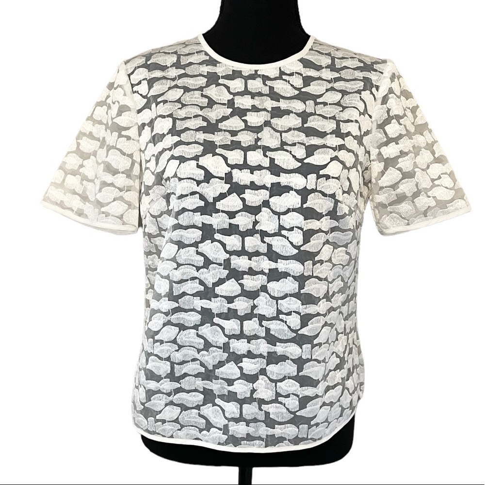 Reiss Sheer Embroidered White Boxy Short Sleeve Top